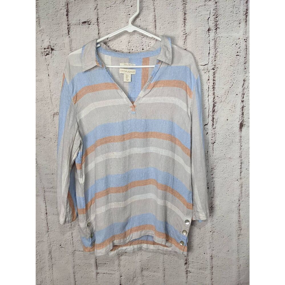 Cynthia Rowley Womens Linen Top Tunic Blue Stripe Side Buttons Beach Top Cover u